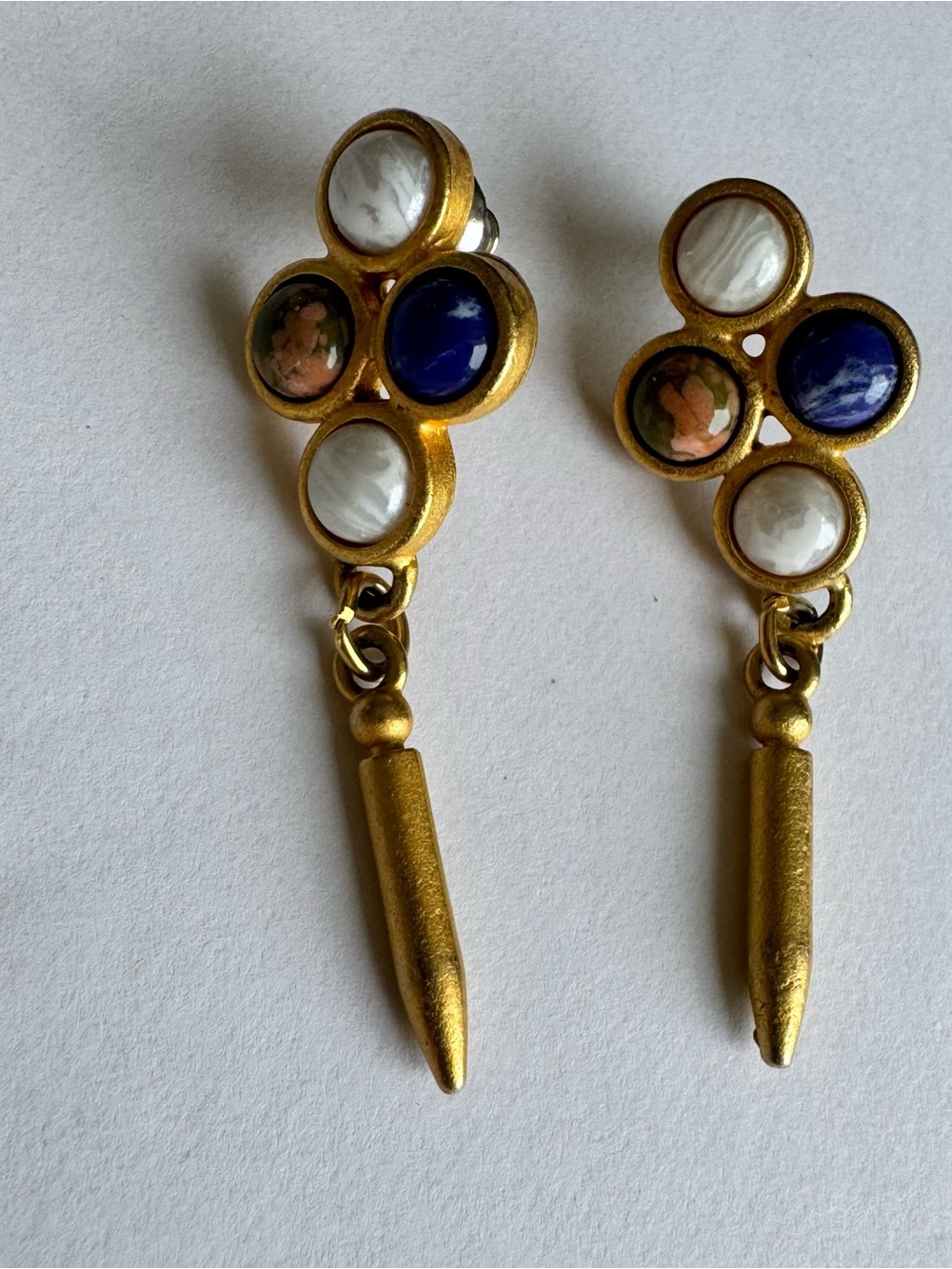 Lapis Lazuli & Jasper Dangle Vintage Gold Tone Pierced Earrings 1.75”